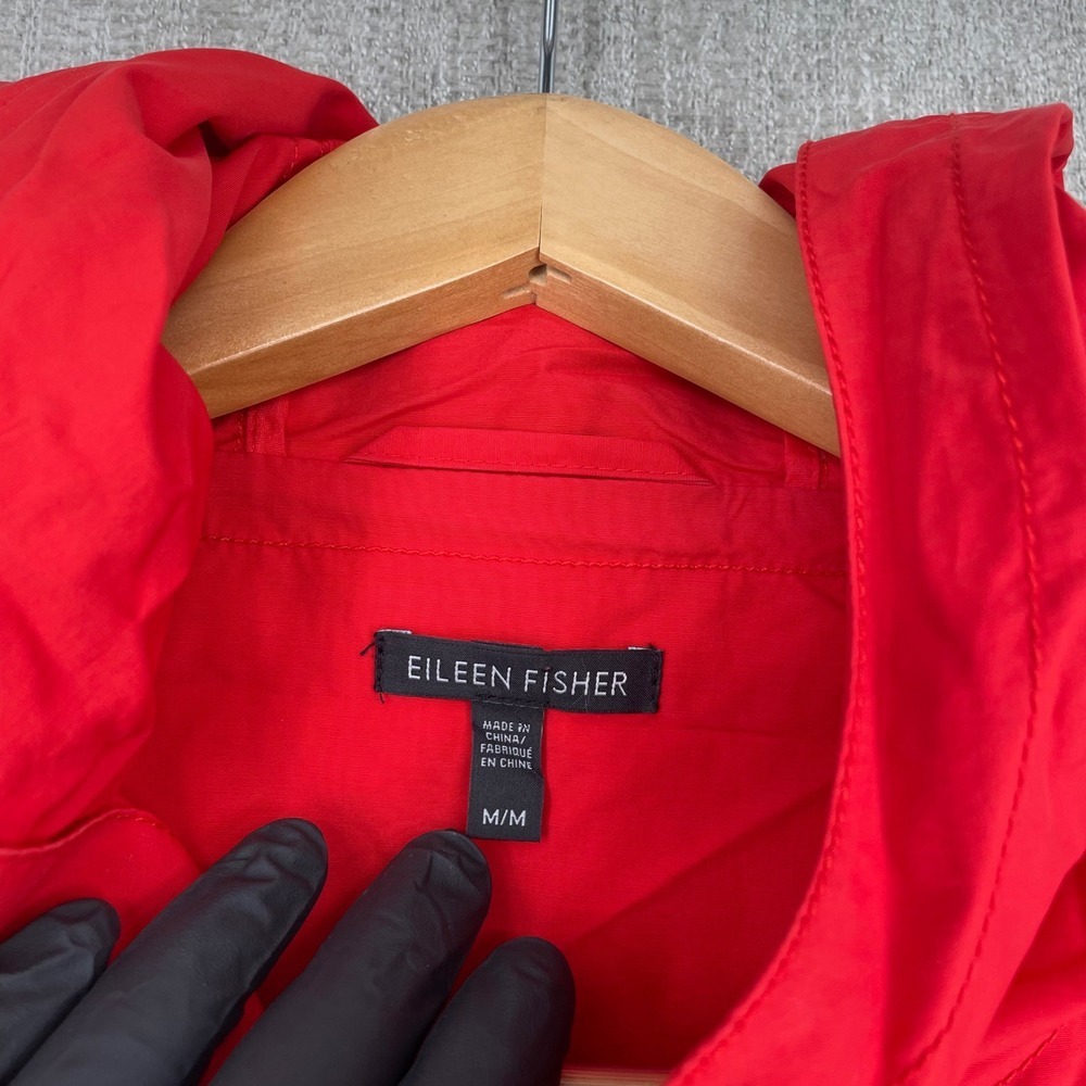 Eileen Fisher Hooded Anorak Parka Jacket M Red Cotton Blend Zip Snap Utility - Picture 6 of 13